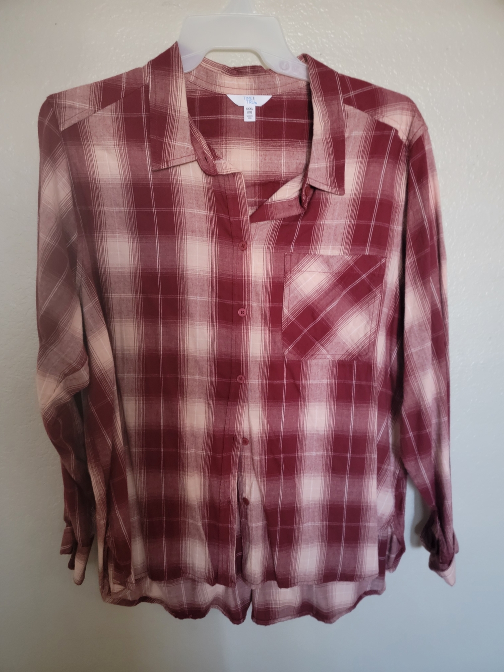 Time and Tru Red and Cream Plaid Button-Up Shirt